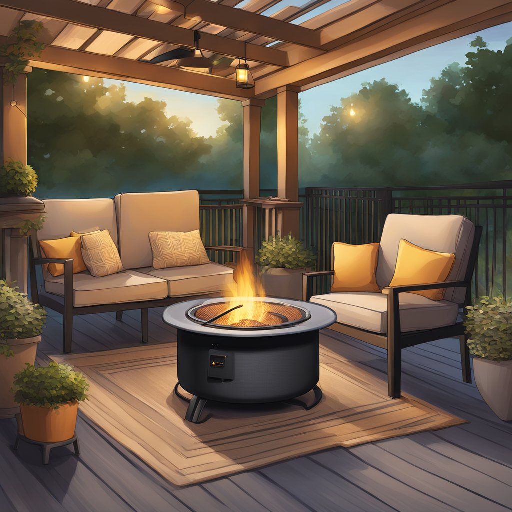 A patio heater or fire pit radiates warmth on a cozy outdoor patio, surrounded by comfortable seating and soft ambient lighting