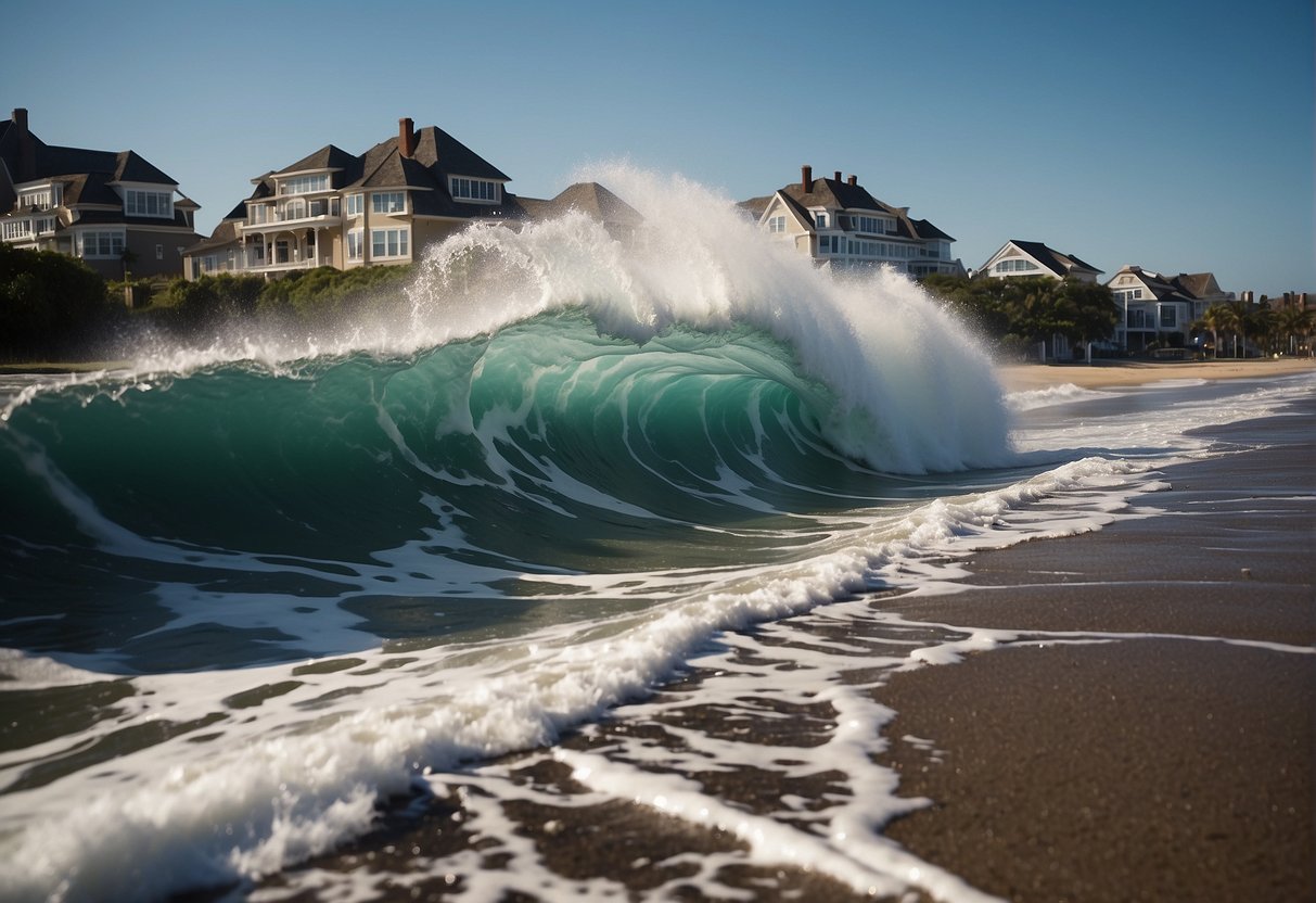 A massive wave crashes onto a coastal town, engulfing buildings and trees in its path, leaving destruction in its wake