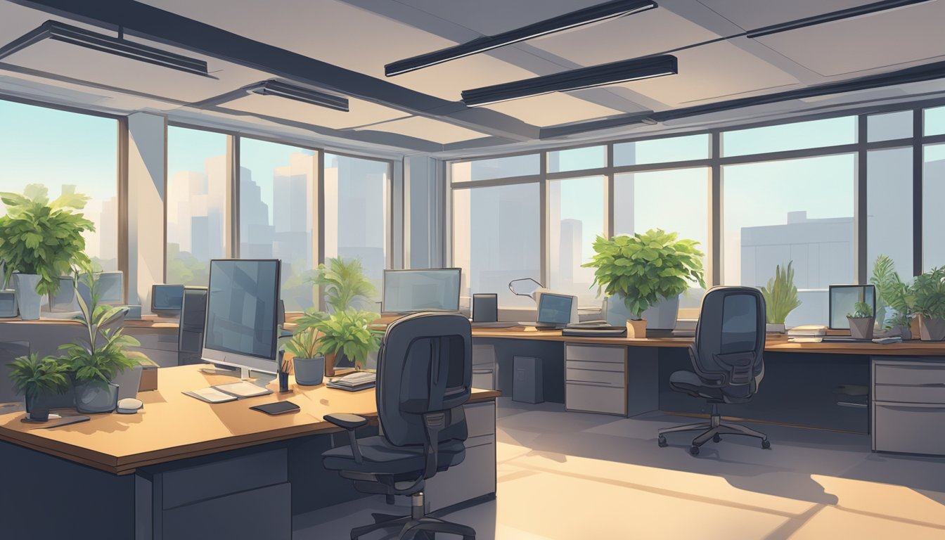 A dimly lit office with stale air, dusty vents, and wilted plants. A contrast of vibrant, natural light and fresh air from open windows