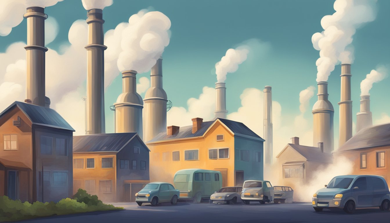 Smoke billows from industrial chimneys, while cars emit exhaust fumes. Chemicals seep from cleaning products and building materials. Dust and mold linger in the air