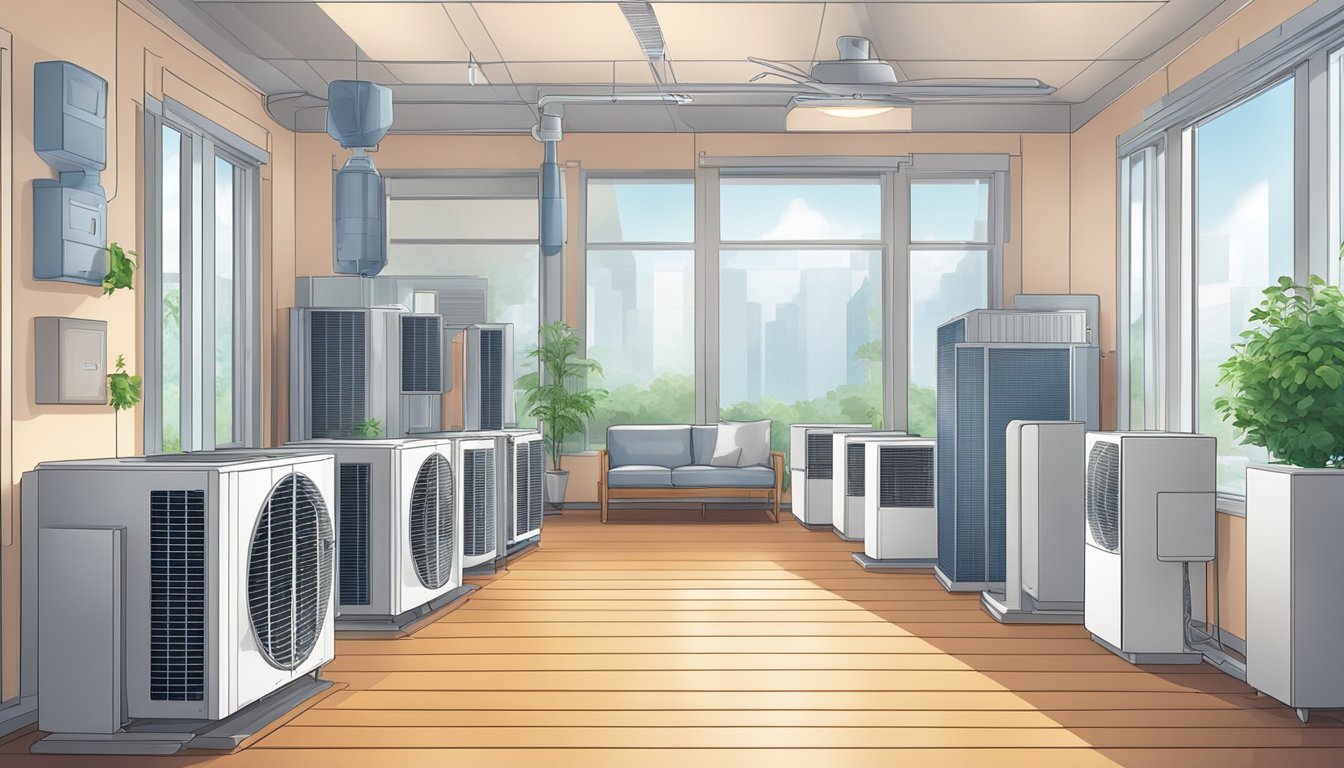 A room with various ventilation systems and air circulation devices, including air purifiers and fans, strategically placed to optimize indoor air quality