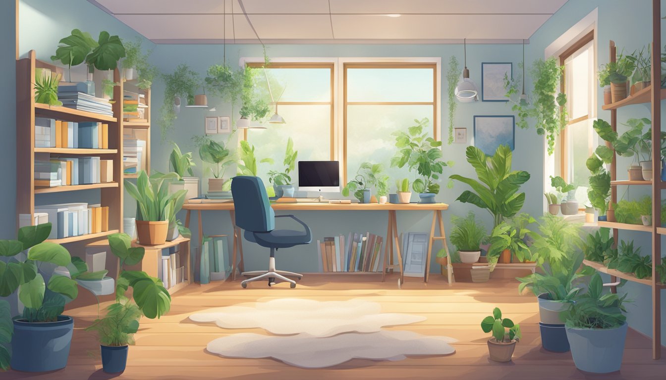 A room with ventilation systems, plants, and air quality monitors. Books on indoor air quality and energy levels are scattered on a desk