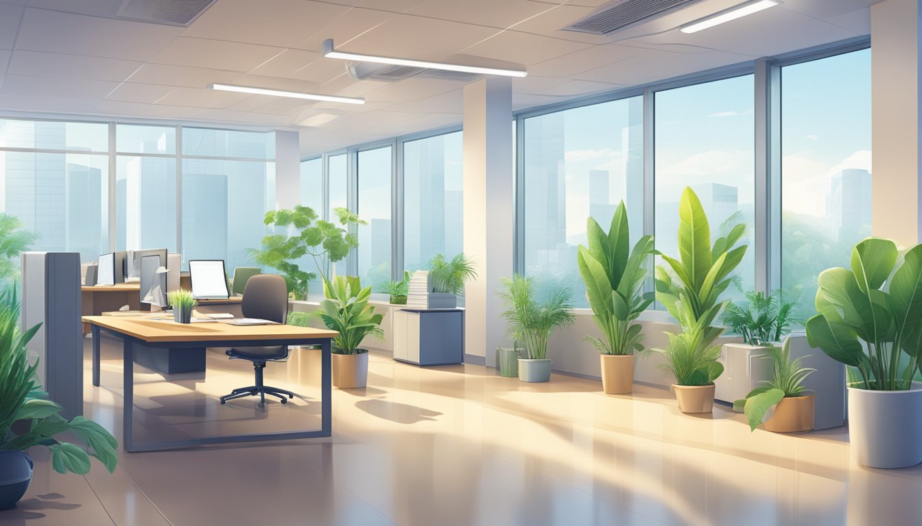 A well-lit office space with clean, fresh air and comfortable temperature. Plants and air purifiers are present to promote good indoor air quality
