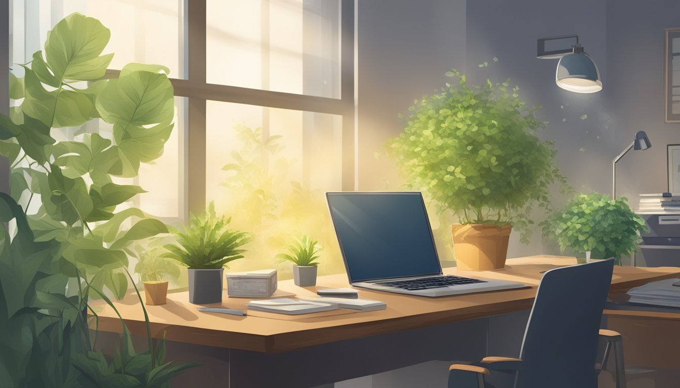 A dimly lit office with stale air, dust particles floating in the sunlight. A thermometer shows high humidity levels. Stale plants sit on a desk
