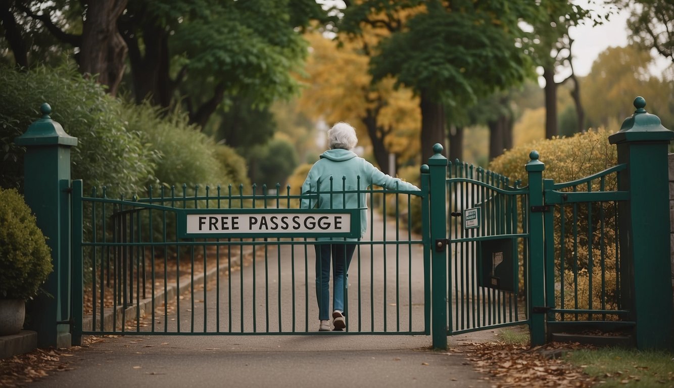 Elderly person passing through a gate with a "Free Passage for Seniors" sign