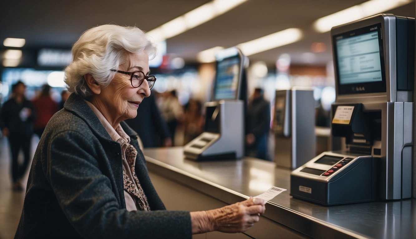 Elderly person receiving free pass at ticket counter