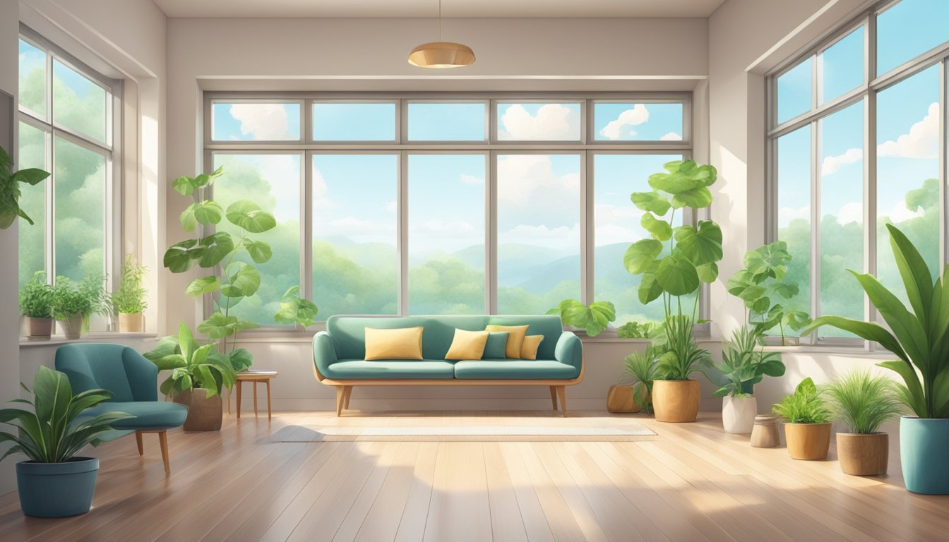 A clean, well-lit room with open windows and fresh air. Mold-free surfaces and plants adding a touch of nature. A feeling of renewal and energy