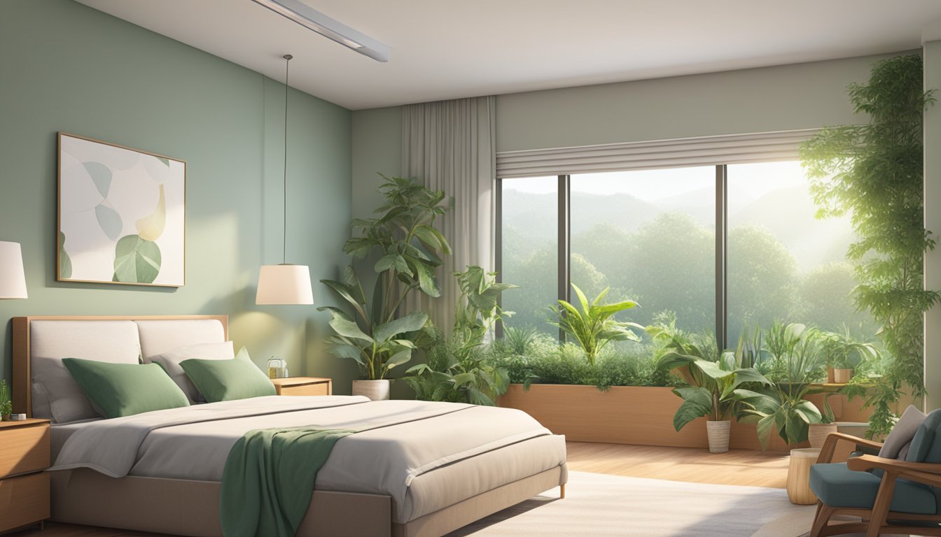 A serene, clutter-free bedroom with open windows, natural light, and green plants. A dehumidifier and air purifier are running, and mold-free surfaces promote a clean, healthy environment