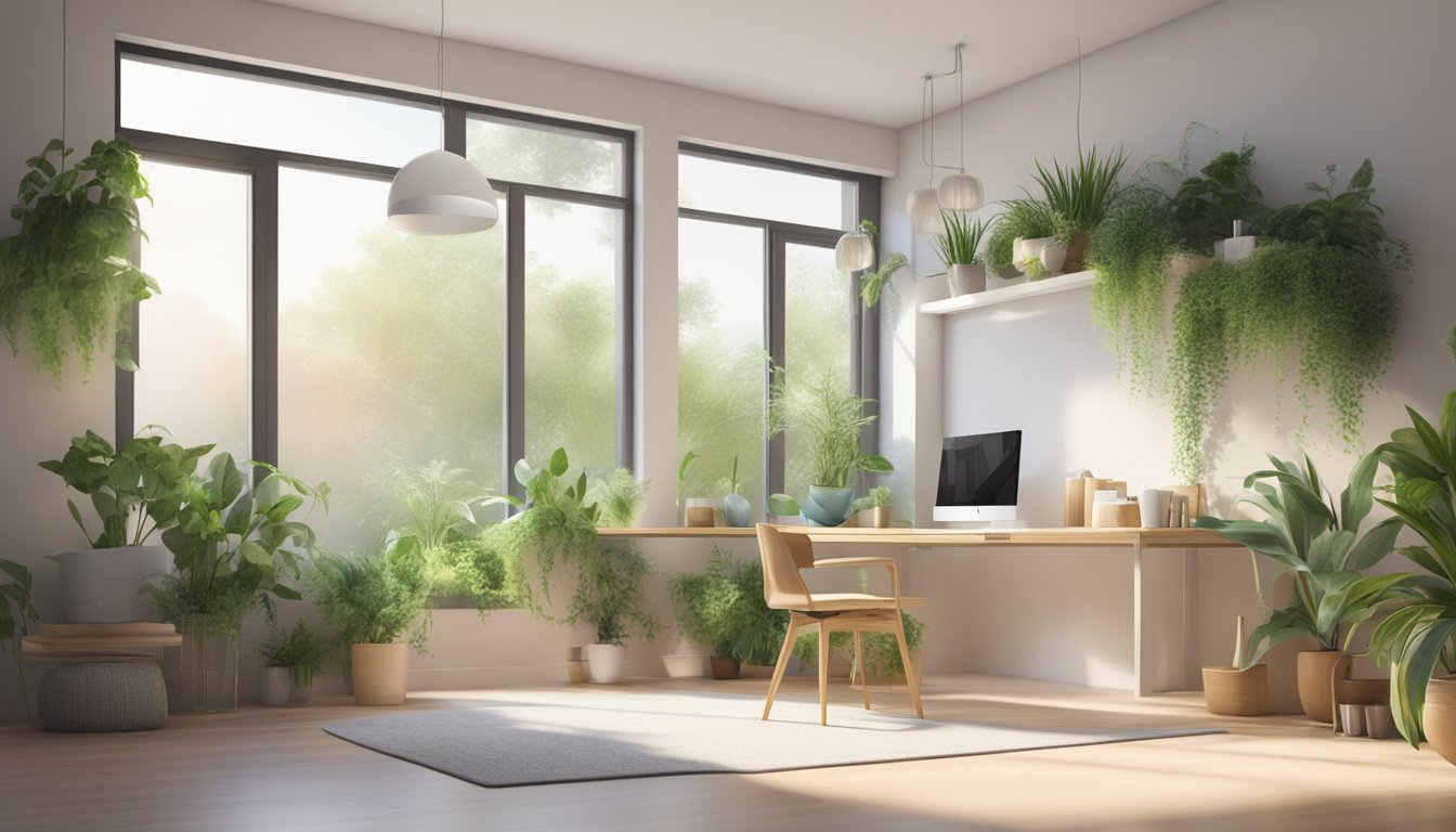 A clean, clutter-free environment with fresh air and natural light. Mold-free surfaces and plants for air purification. A serene, calming atmosphere