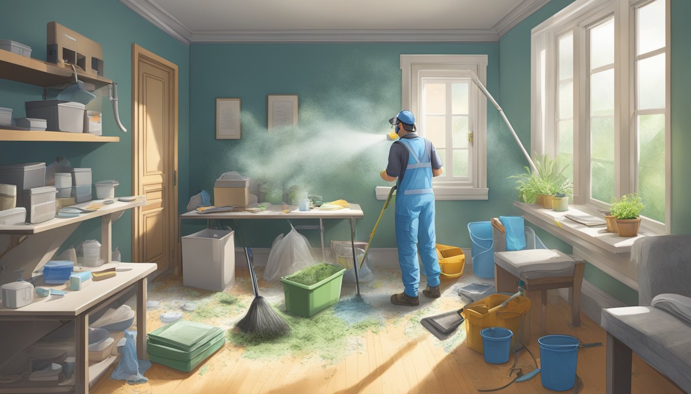 A cluttered, damp room with visible mold growth on walls and ceiling. Windows are open, letting in fresh air and sunlight. A person is cleaning and removing mold with protective gear