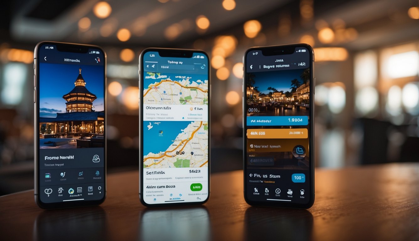 A split-screen showing two travel apps side by side, with various travel deals and discounts displayed. Icons of planes, hotels, and maps are prominently featured