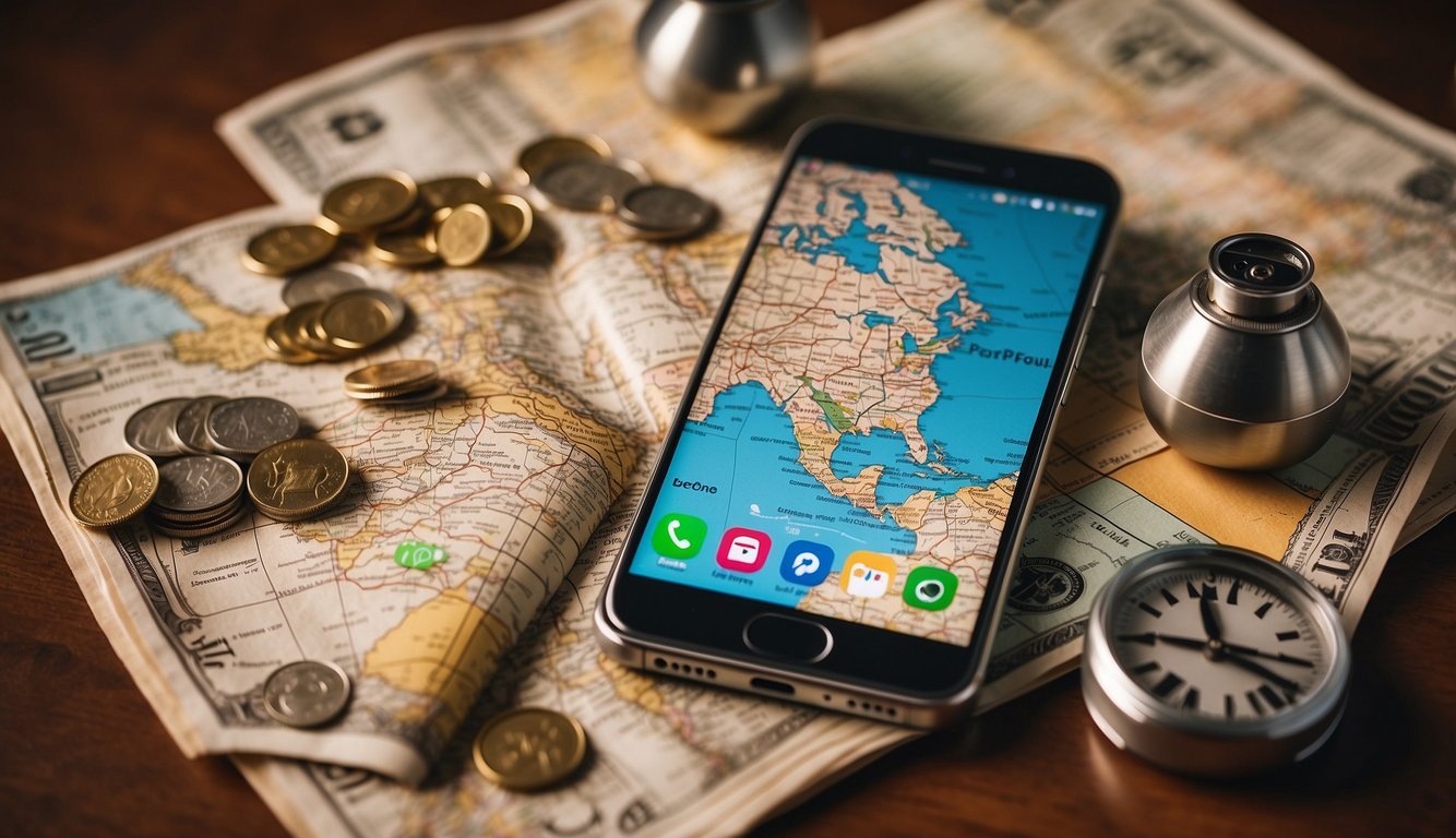 A smartphone with travel apps open, surrounded by money-saving icons and a map