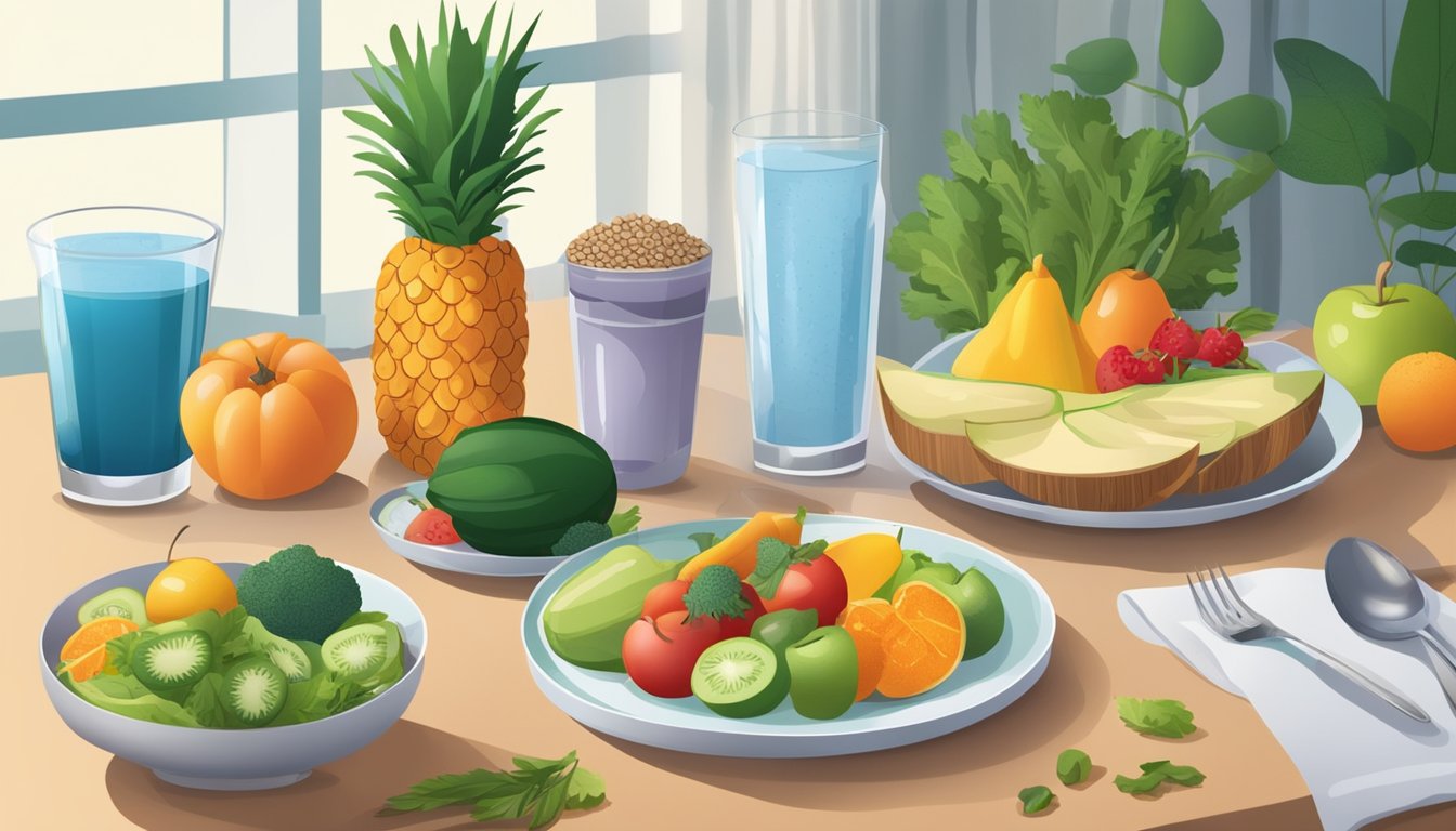 A table set with colorful, fresh fruits and vegetables, alongside whole grains and lean proteins. A clear glass of water sits next to a plate of mold-free foods