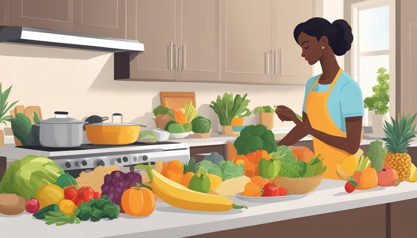 A kitchen filled with fresh fruits, vegetables, and whole grains. A person preparing a colorful, nutrient-rich meal. A mold-free diet plan on the counter