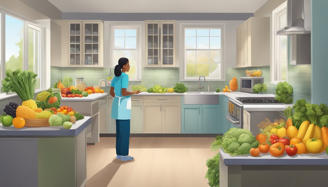 A kitchen filled with fresh fruits, vegetables, and whole grains. A person preparing a meal, avoiding moldy foods. A doctor's office with a patient receiving nutritional advice