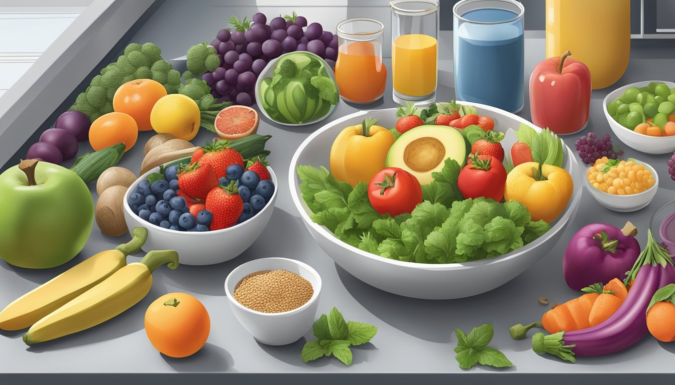 A colorful array of fresh fruits and vegetables, whole grains, and lean proteins arranged on a clean, mold-free kitchen counter
