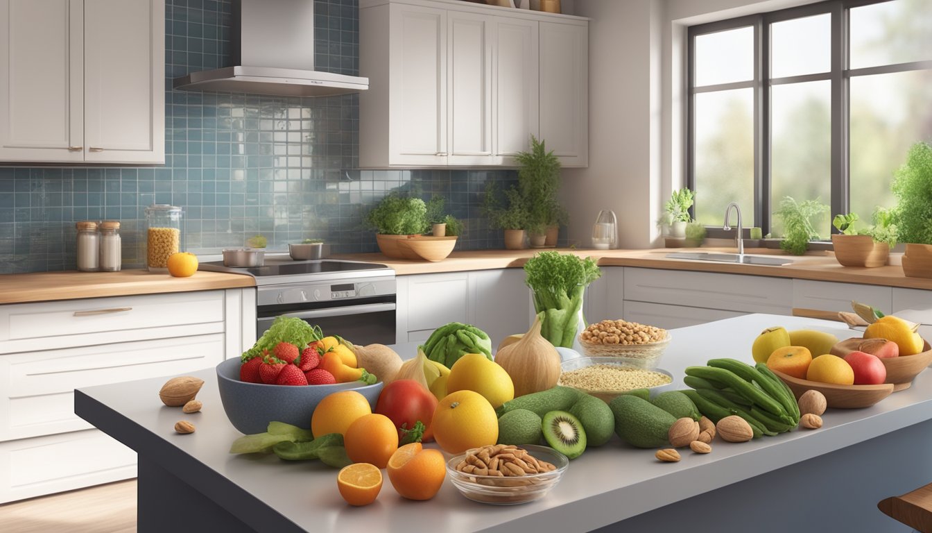 A kitchen counter with fresh fruits and vegetables, a variety of nuts and seeds, and a glass of clean water. A mold-free environment with natural, whole foods for a healthy diet