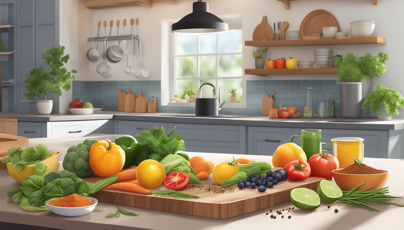 A kitchen counter with fresh fruits and vegetables, a clean cutting board, and a variety of colorful spices and herbs