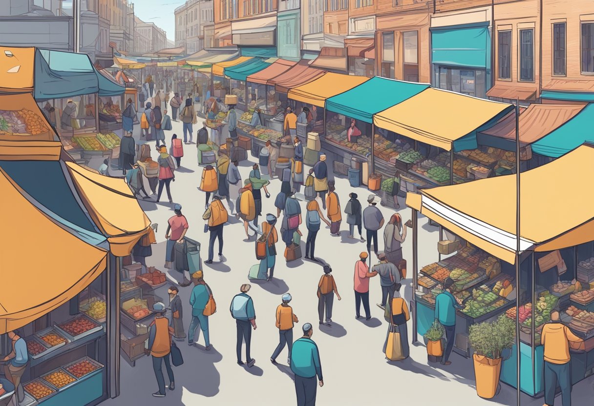 A bustling marketplace with vendors and customers, adapting to new safety protocols and technology, representing the transition to a post-pandemic self-employed SETC venture