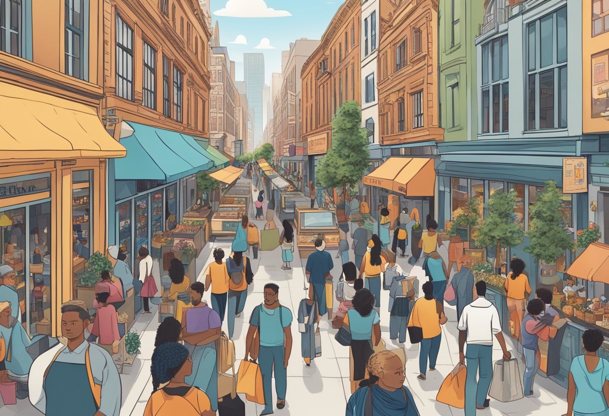 A bustling city street with diverse storefronts and people engaging in commerce, symbolizing the revival of self-employed businesses post-pandemic