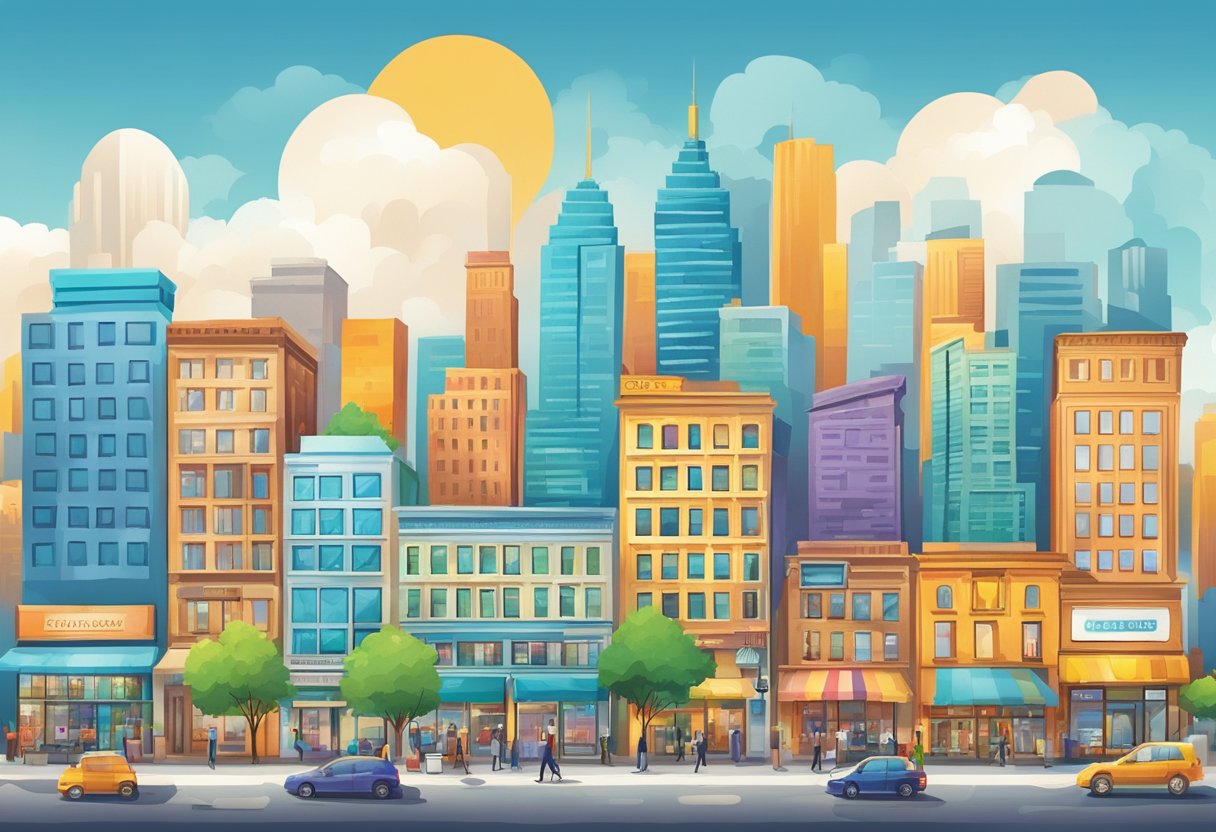 A bustling city skyline with various storefronts and office buildings, showcasing a mix of traditional and modern businesses. A sense of optimism and adaptation is evident through the vibrant colors and dynamic energy of the scene