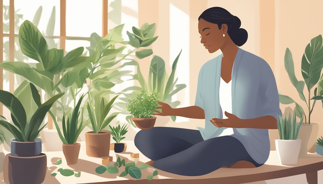 A serene, sunlit room with plants and essential oil diffusers. A holistic practitioner consults with a mold fatigued patient