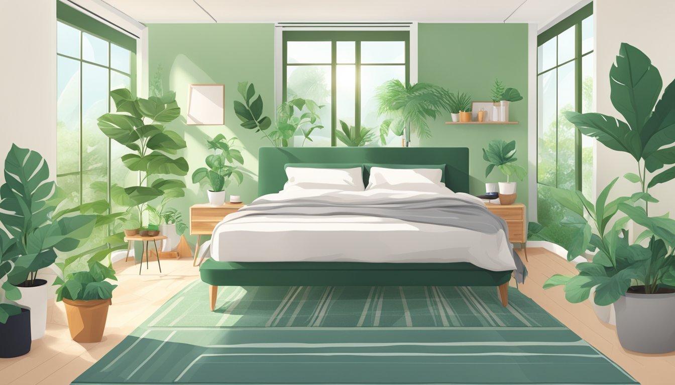 A serene, clutter-free bedroom with an air purifier and dehumidifier, surrounded by green plants and natural sunlight
