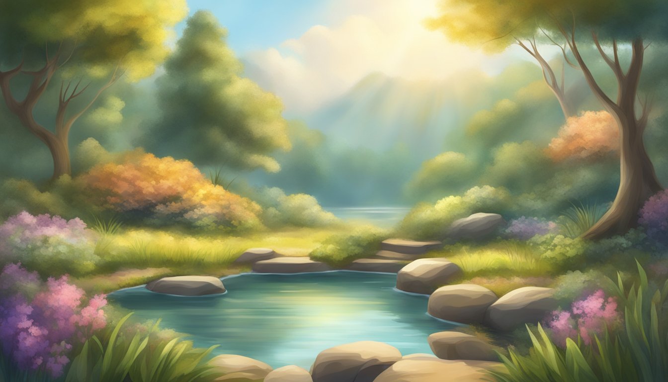 A serene, nature-filled setting with warm sunlight and soothing colors, symbolizing holistic healing and relief from chronic fatigue caused by mold