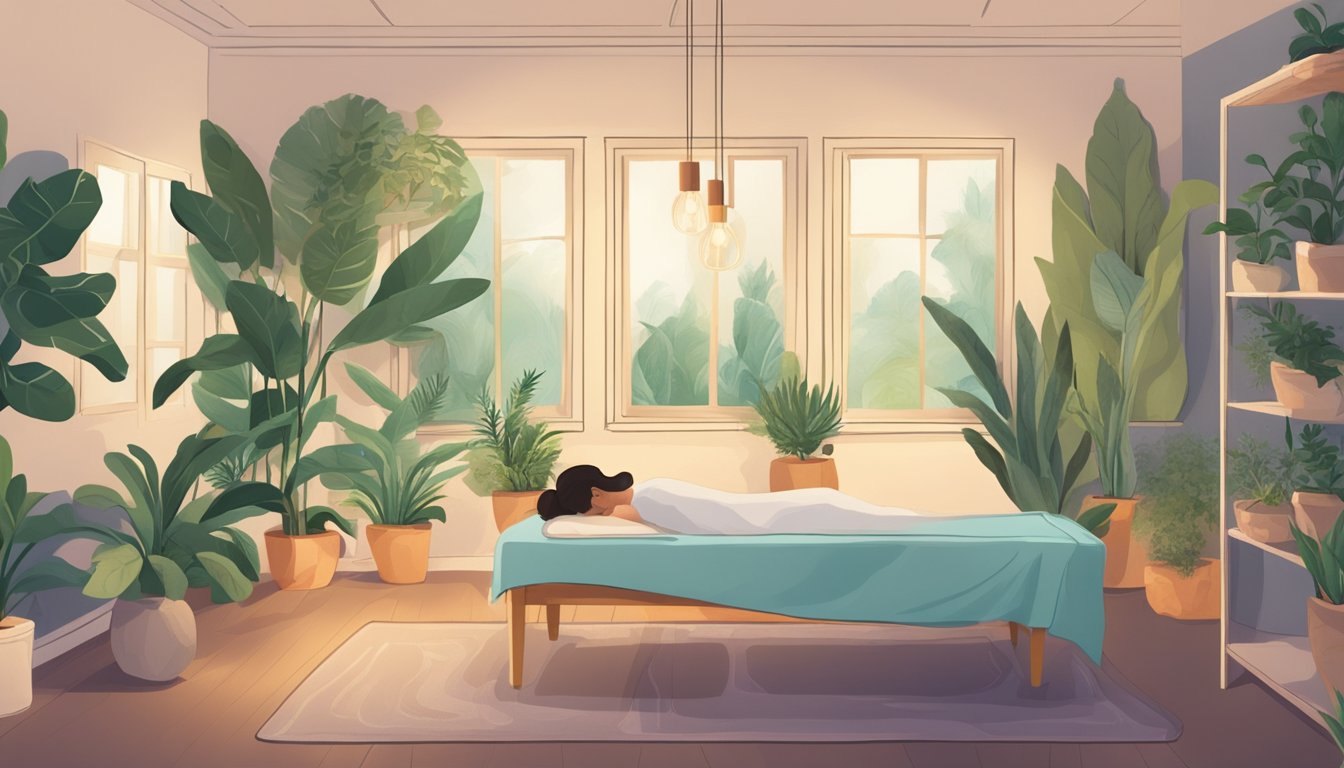 A serene room with soft lighting, plants, and soothing music. A person receiving acupuncture or massage for chronic fatigue caused by mold