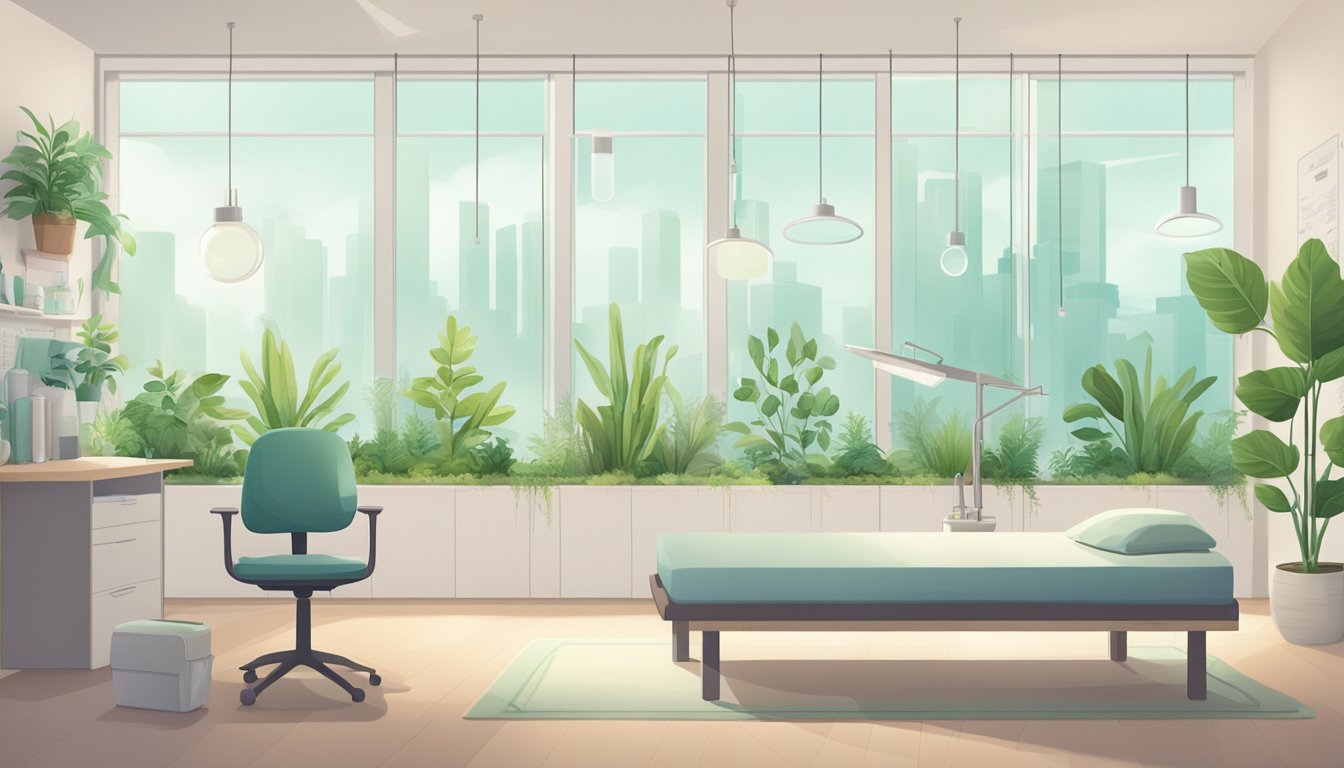 A serene, modern clinic room with natural light, plants, and air purifiers. Charts and graphs on the wall show treatment progress for chronic fatigue caused by mold