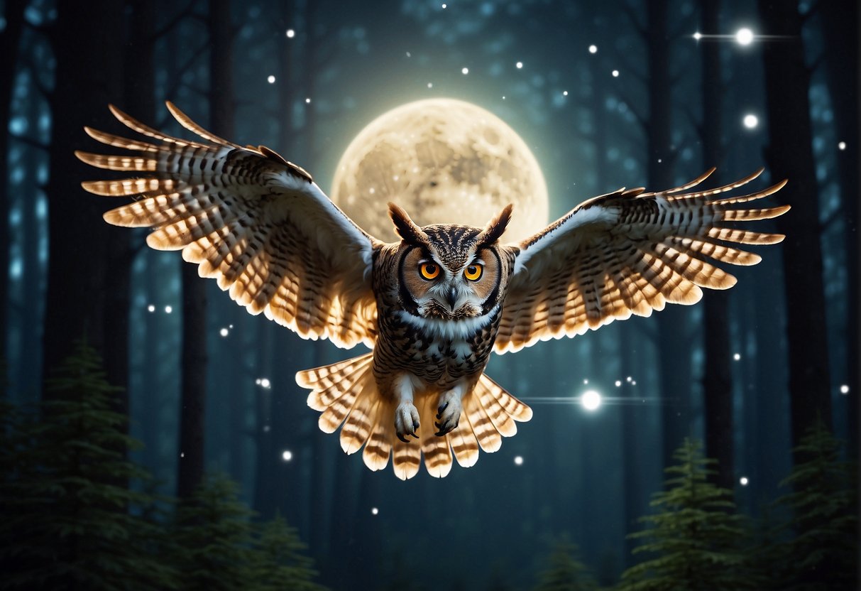 An owl flying over a moonlit forest, surrounded by stars and mysterious symbols, symbolizing wisdom and intuition