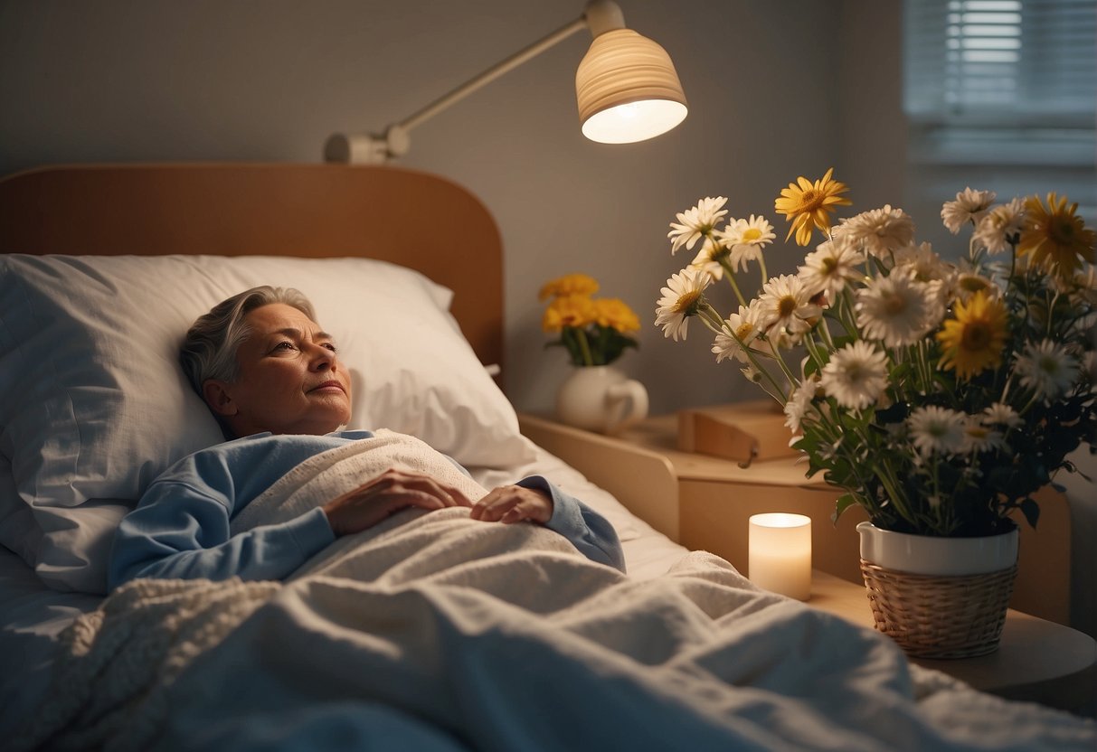 A figure lies in a hospital bed, surrounded by flowers and get-well cards. The room is bathed in soft, warm light, creating a sense of comfort and hope