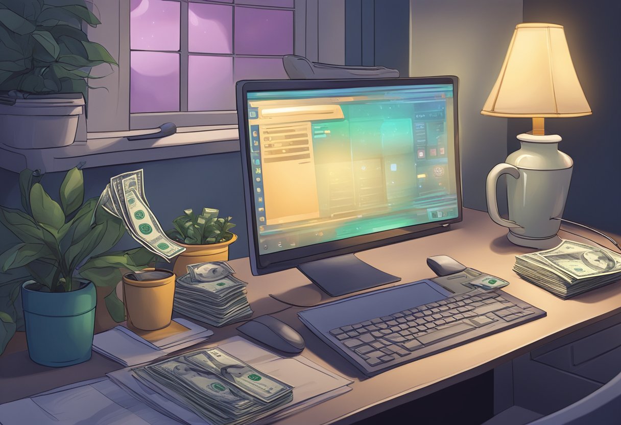 A serene night scene with a cozy bedroom, a laptop on the nightstand, and money flowing into a bank account on a computer screen