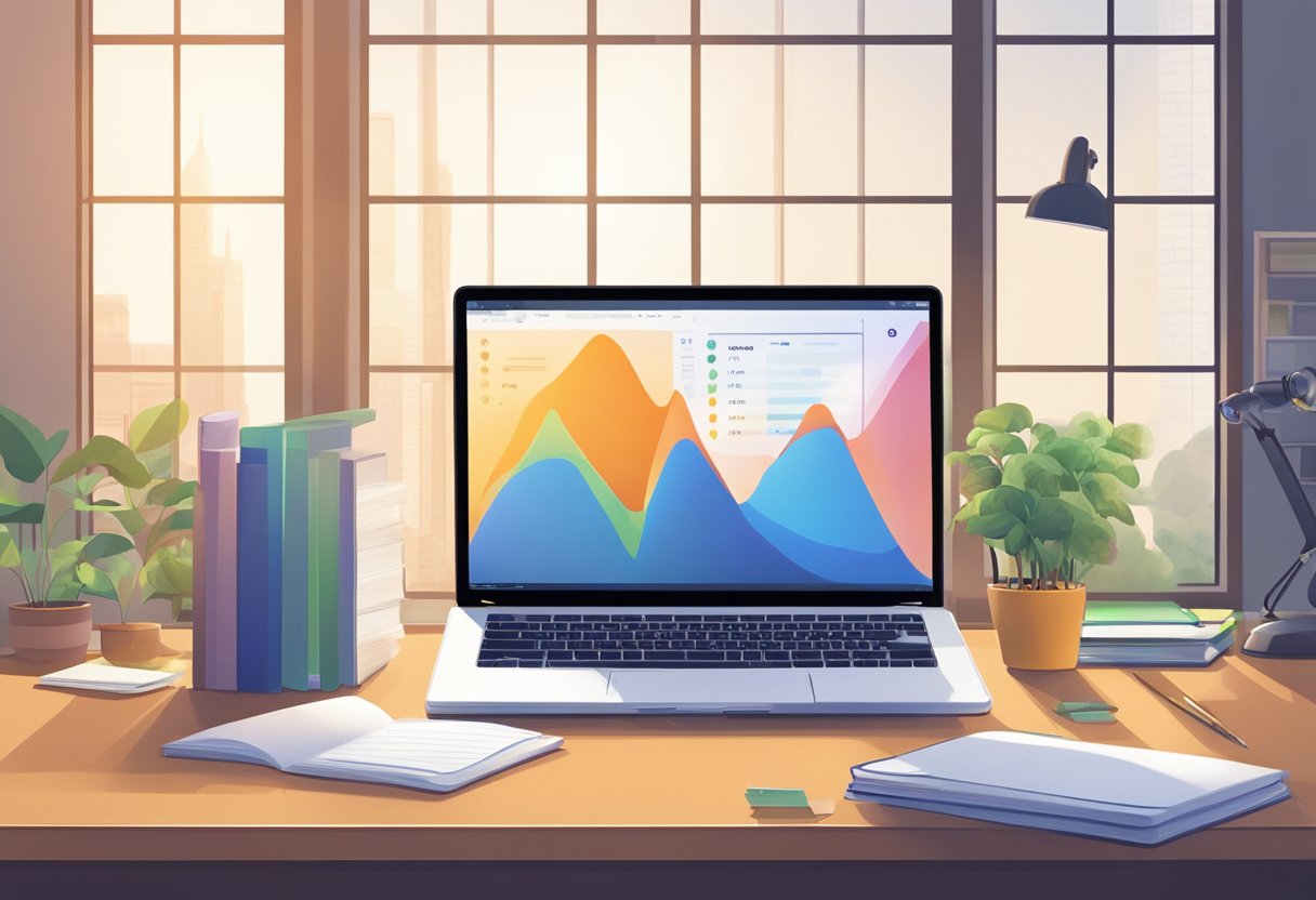 A laptop sits on a desk, surrounded by books and a notepad. A graph showing income growth is displayed on the screen. The room is quiet, with soft light filtering in through the window