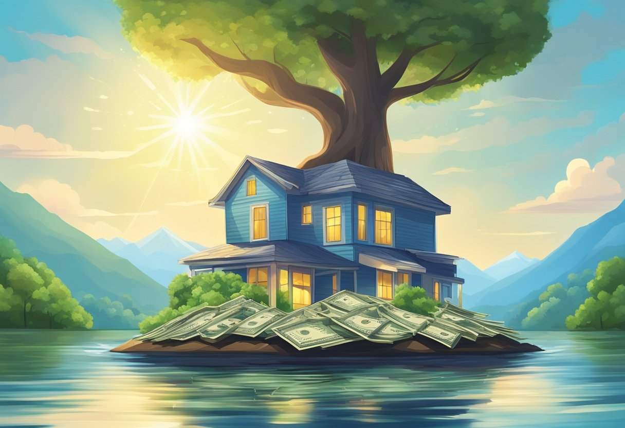 A stack of money grows on a tree, while a river flows with dollar signs. A house sits in the background, emitting rays of passive income