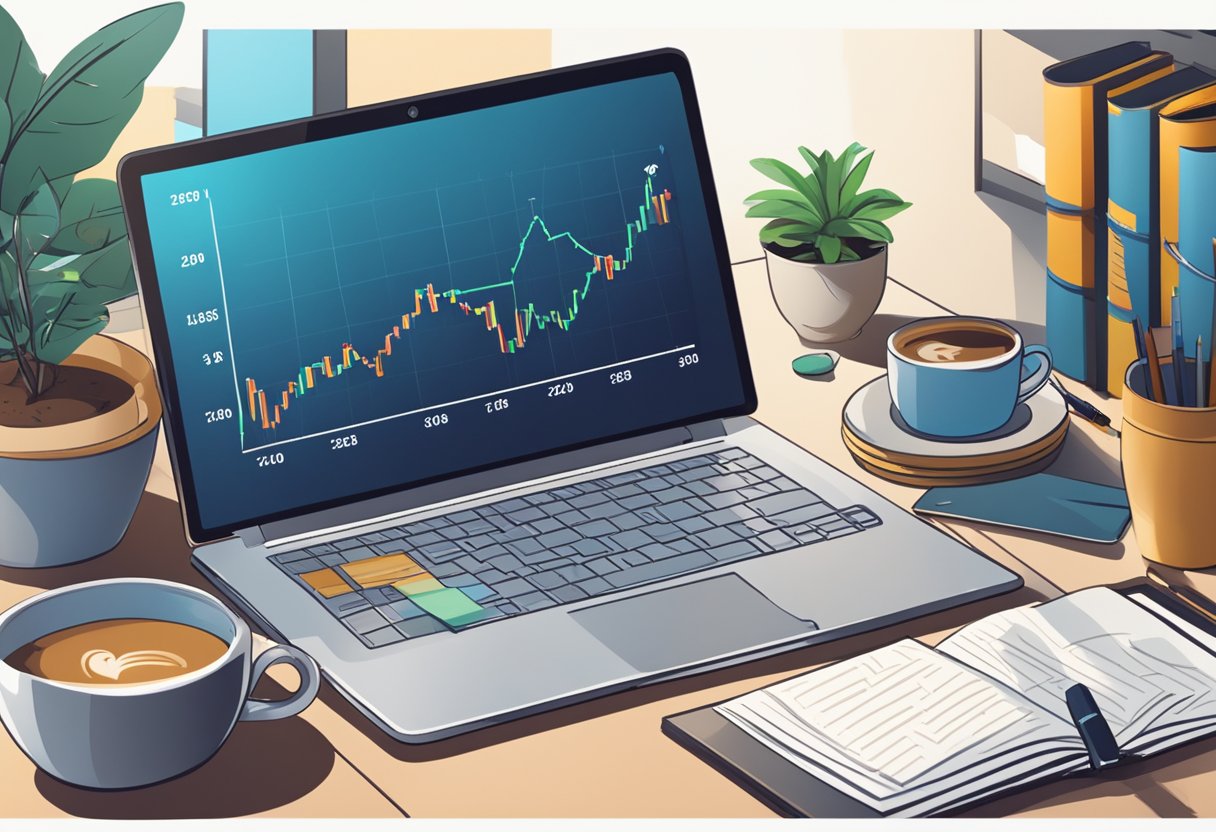 A laptop sits open on a desk, surrounded by books and a cup of coffee. A graph on the screen shows increasing income, while a clock in the background reads late at night