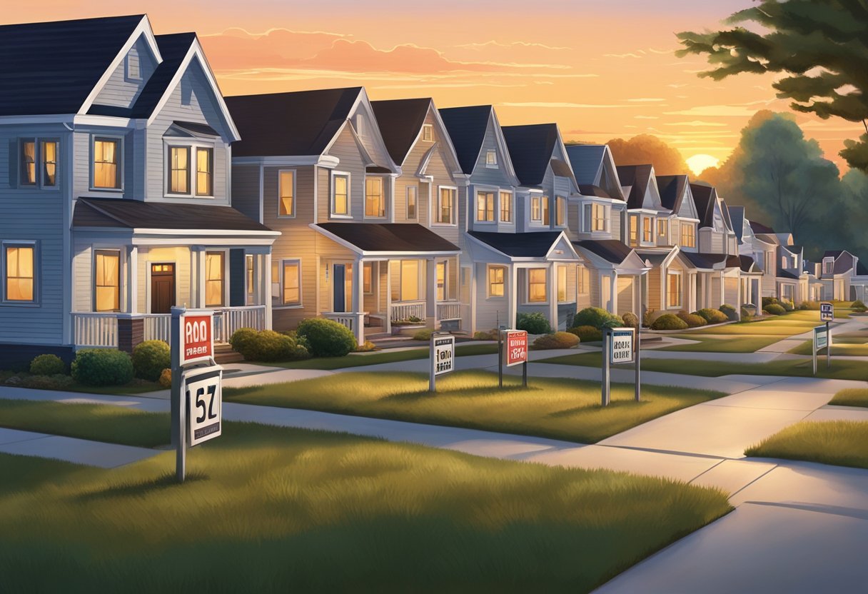 A peaceful suburban neighborhood with rows of well-maintained houses and "For Rent" signs displayed on the front lawns. The sun is setting, casting a warm glow over the area