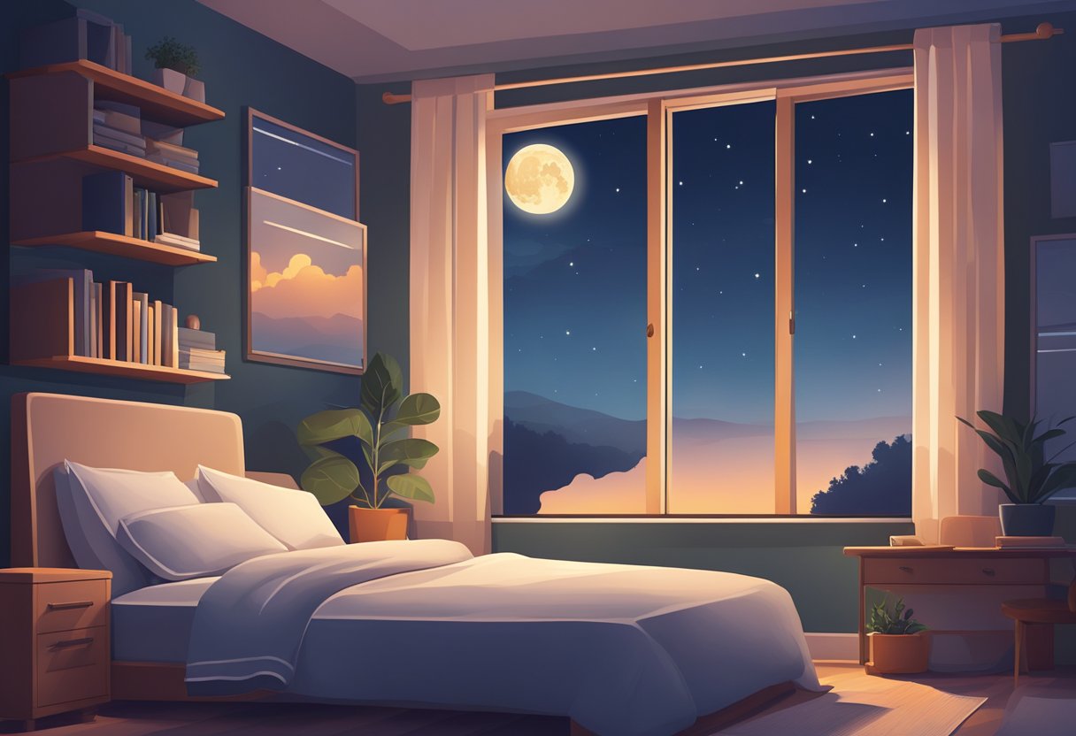 A serene bedroom with a laptop on a bedside table, a stack of books on passive income, and a peaceful moonlit sky outside the window