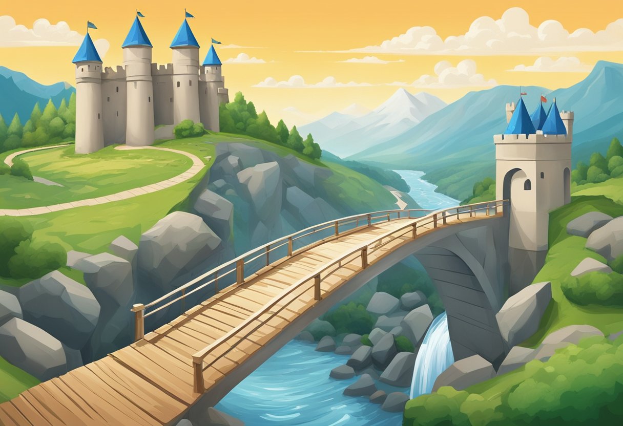 A winding path leads to a mountain of obstacles, while a river of risks flows alongside. A bridge of opportunity spans the gap, leading to a castle of passive income