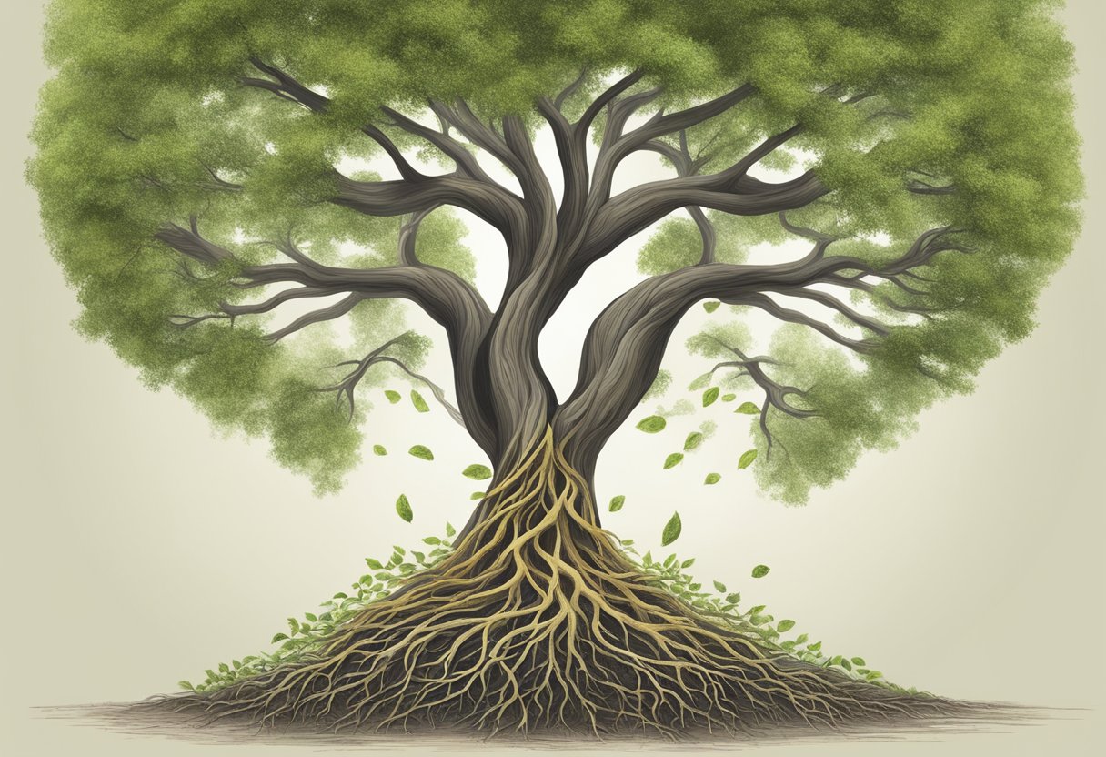 A tree growing tall with multiple branches, each representing a different passive income stream, while the roots extend deep into the ground symbolizing long-term planning and growth