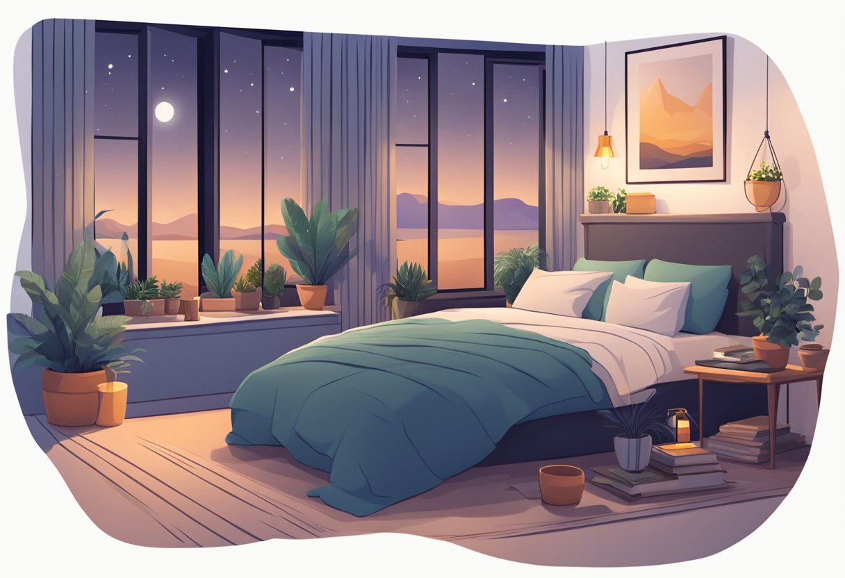 A serene night scene with a cozy bed, a laptop, and various sources of passive income such as rental properties, stocks, and online courses