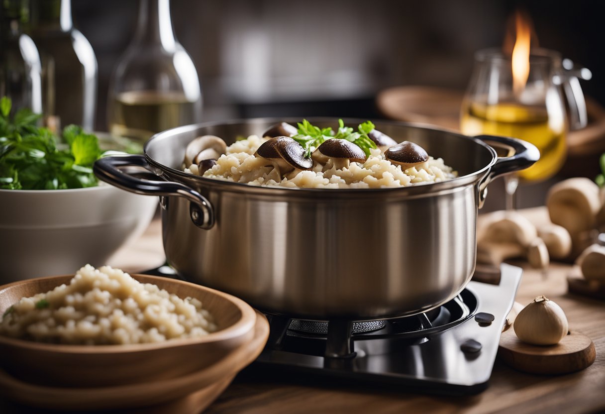 Mushroom risotto being prepared with white wine in a cozy kitchen setting