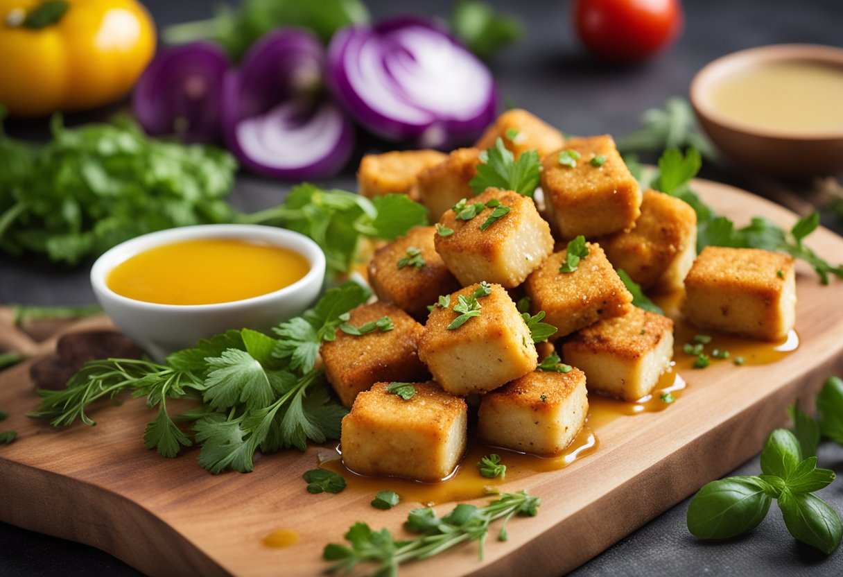 A plate of tofu nuggets drizzled with honey mustard sauce, surrounded by fresh herbs and colorful vegetables on a wooden cutting board