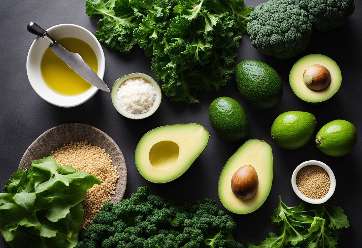 A cutting board with kale, avocado, and quinoa. A knife and bowl nearby. Ingredients ready to be prepared