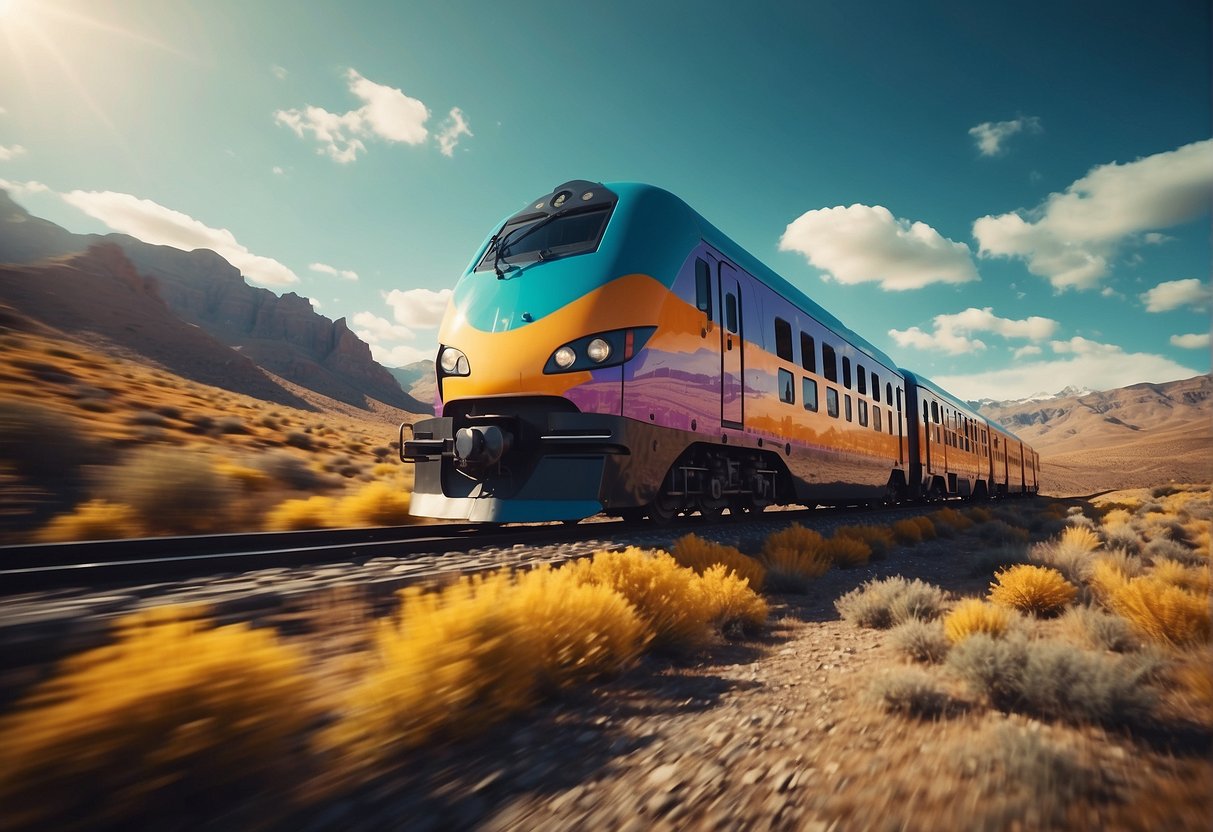 A train speeding through a surreal landscape, with vibrant colors and abstract shapes, representing the journey through the dream world