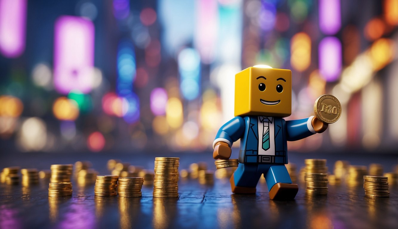 A Roblox character collecting virtual currency in a colorful, digital world