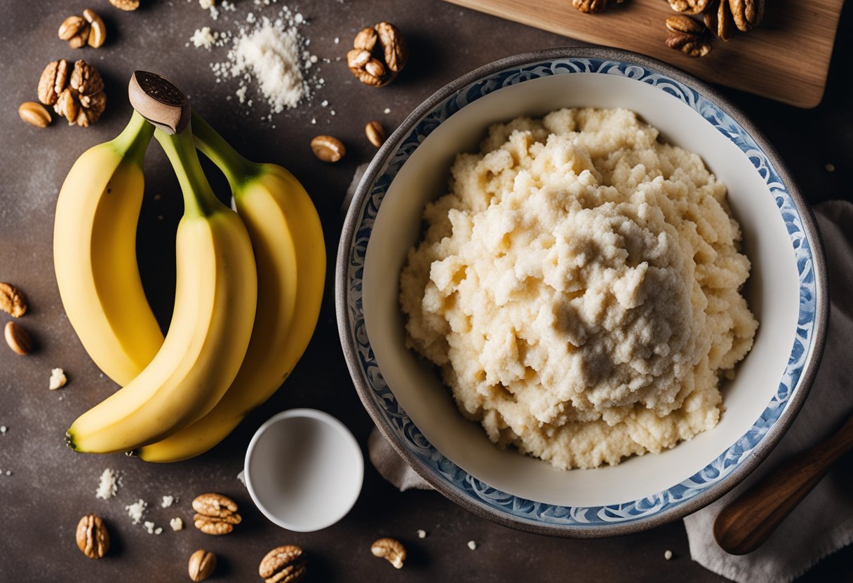 A bowl of mashed bananas, chopped walnuts, and flour. A mixing spoon and baking pan on a countertop