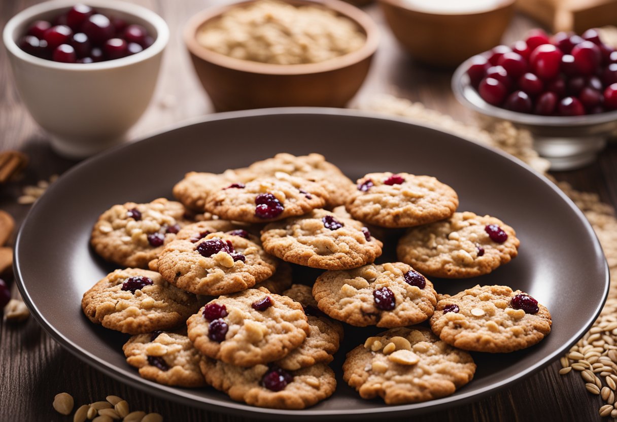 Oatmeal and cranberry cookies being mixed in a bowl, with ingredients scattered on a wooden table