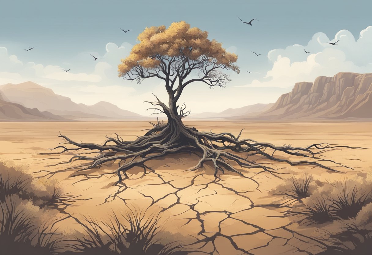 A dry, desolate landscape with wilted plants and cracked soil. A lone tree struggles to survive, its branches reaching desperately towards the sky