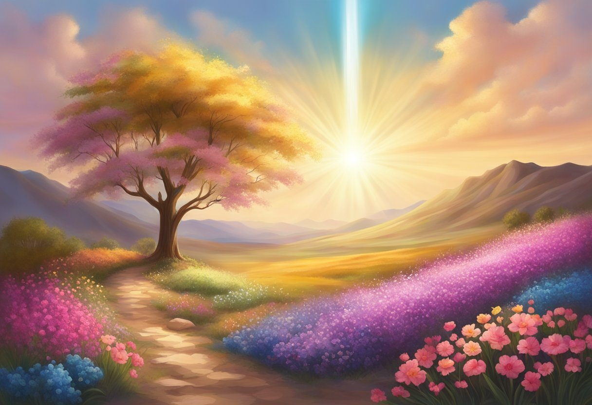 A radiant beam of light shining down on a barren land, surrounded by vibrant, blooming flowers, symbolizing the power of prayer in overcoming spiritual barrenness